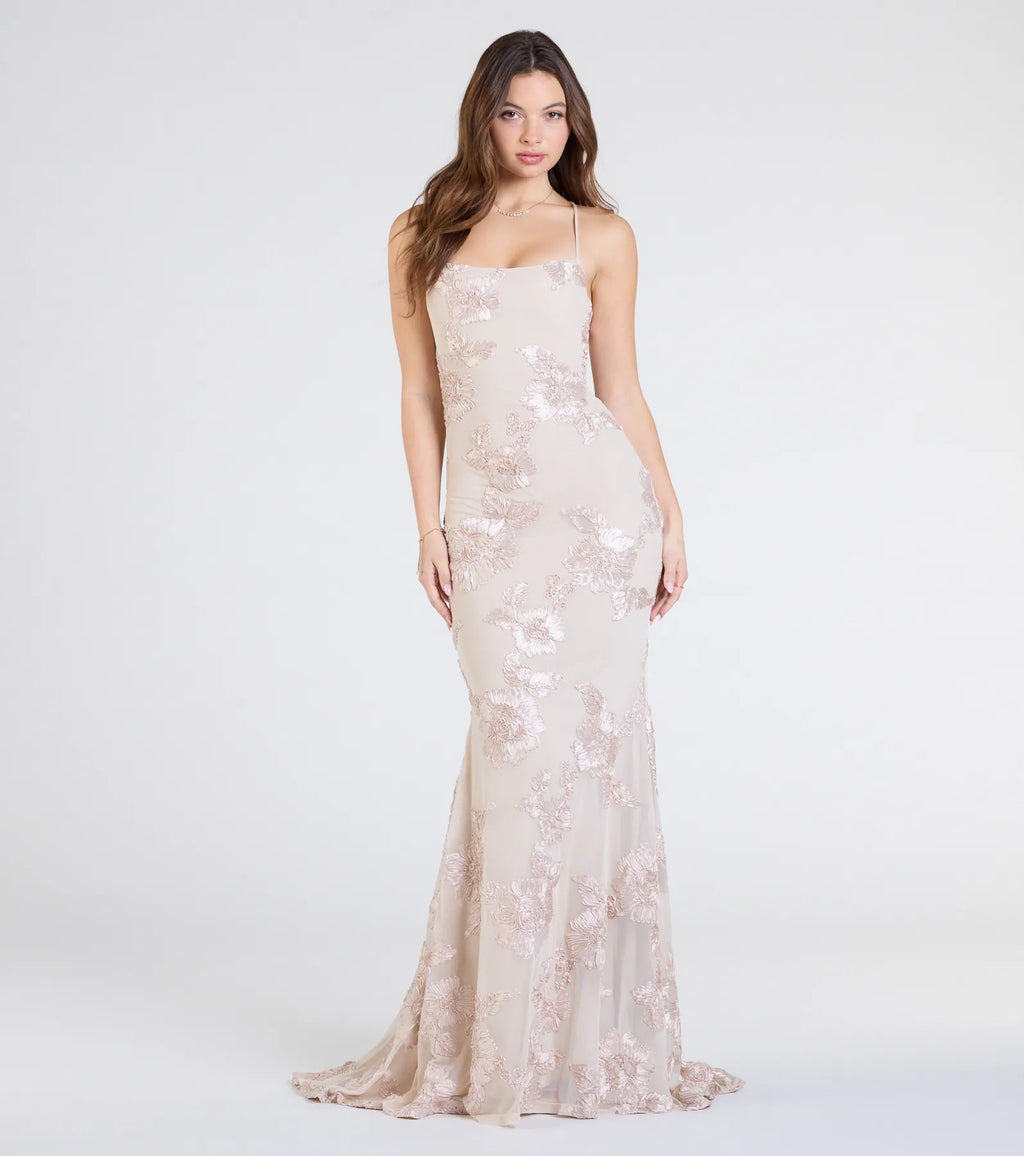 Gabi Lace-Up Floral Trim Mermaid Formal Dress