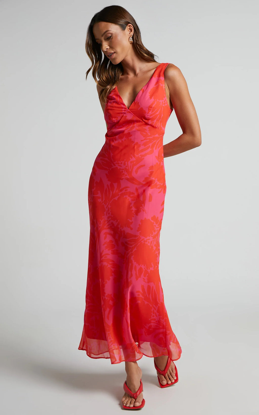 Jodie Midi Dress - V Neck Slip Dress in Pink Floral
